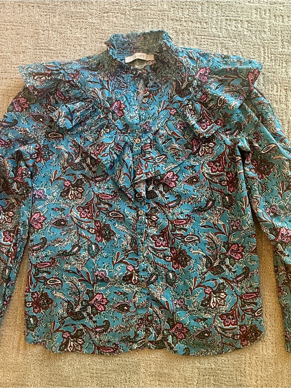 LOFT Teal Floral Ruffle Neck Blouse